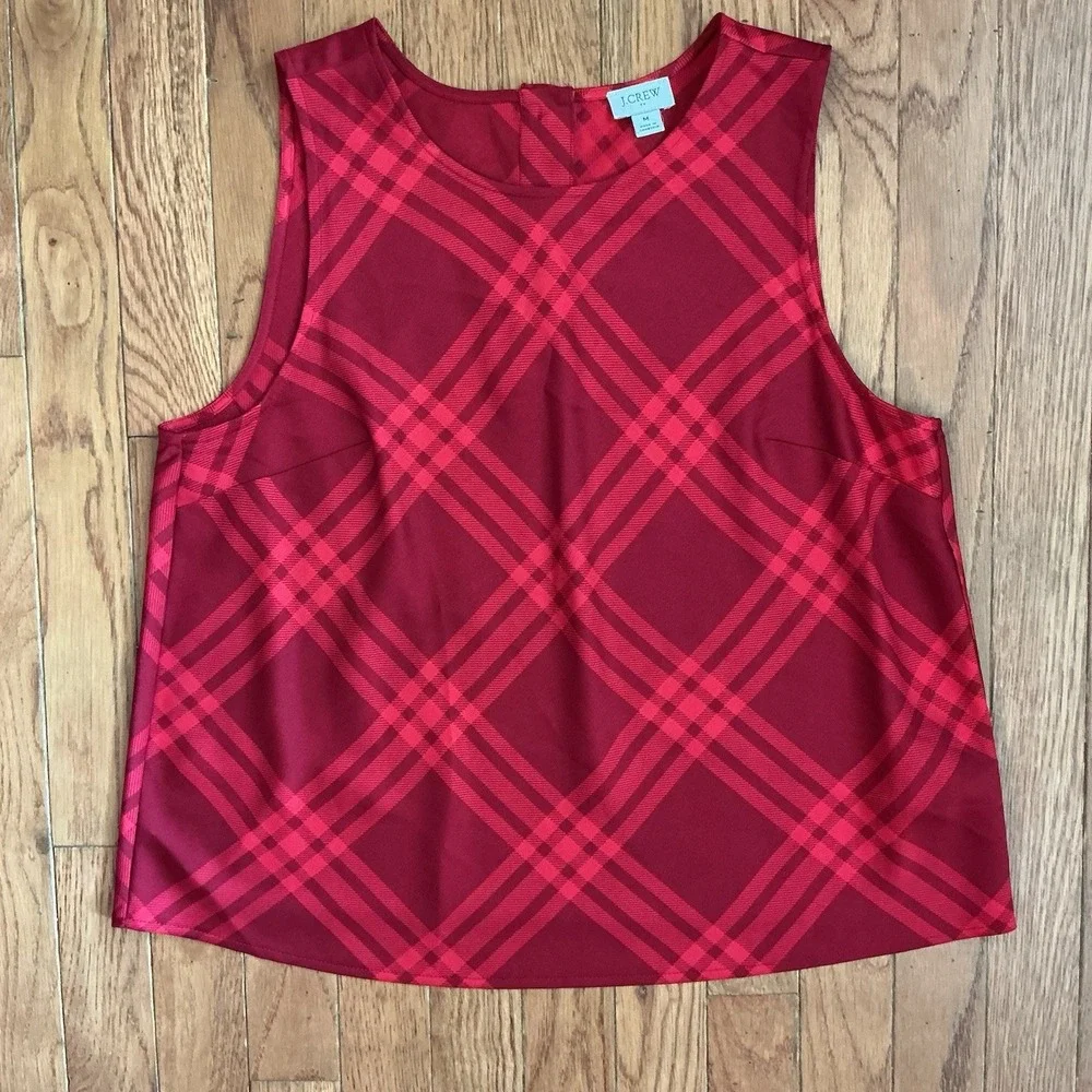 J. Crew Red Plaid Sleeveless Shell Blouse Button Back Top Size M Satin Office
